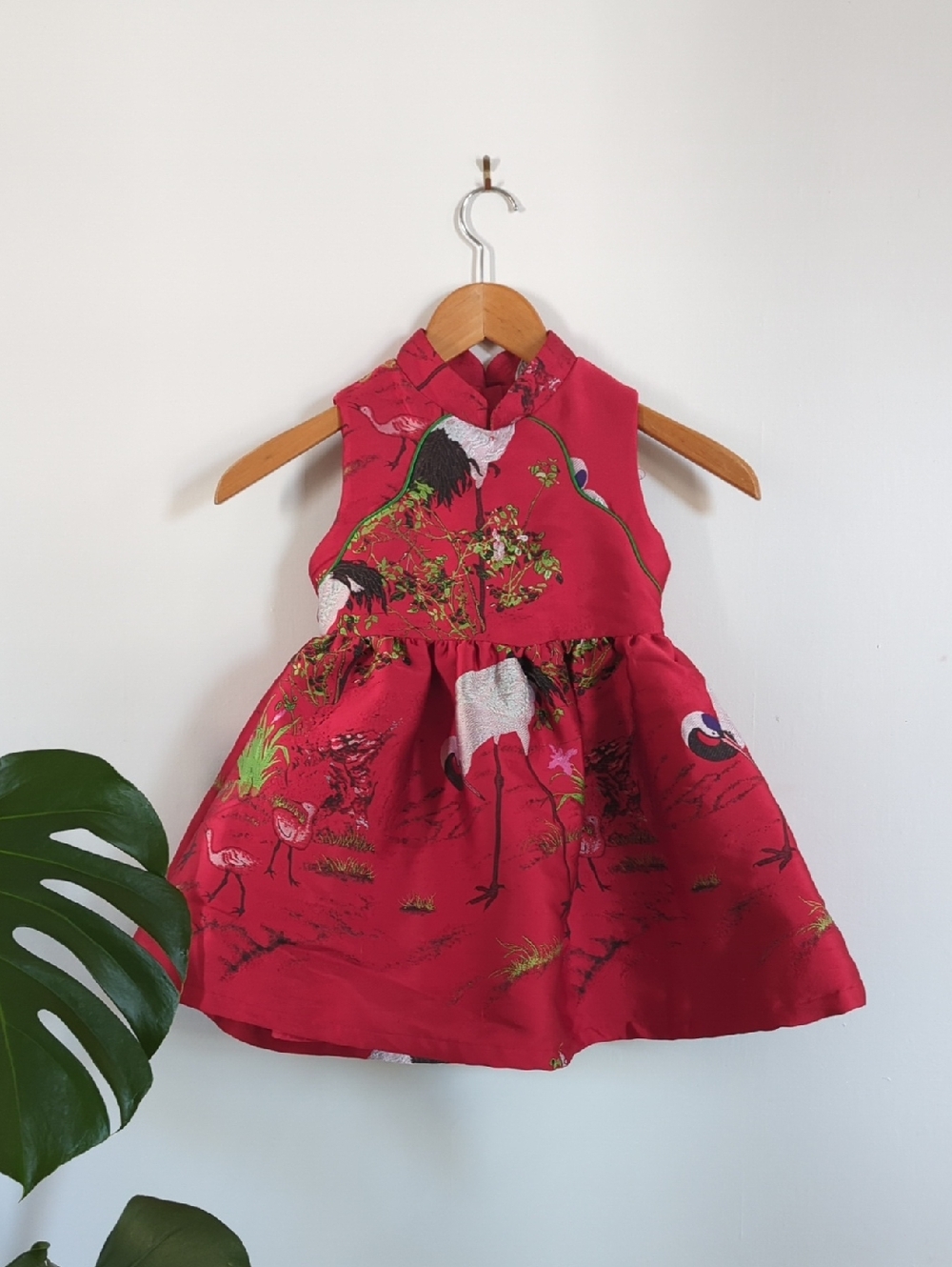 Girls' Red Chinese Inspired Floral & Crane Print Formal Dress